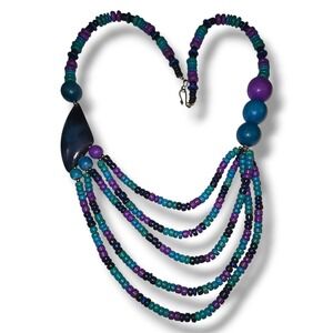 Vintage Wood Bead Necklace Purple Blue Multi Strand 80s 90s Boho 22 Inch